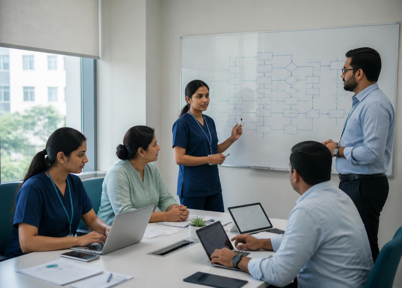 Hospital operations team reviewing process workflows