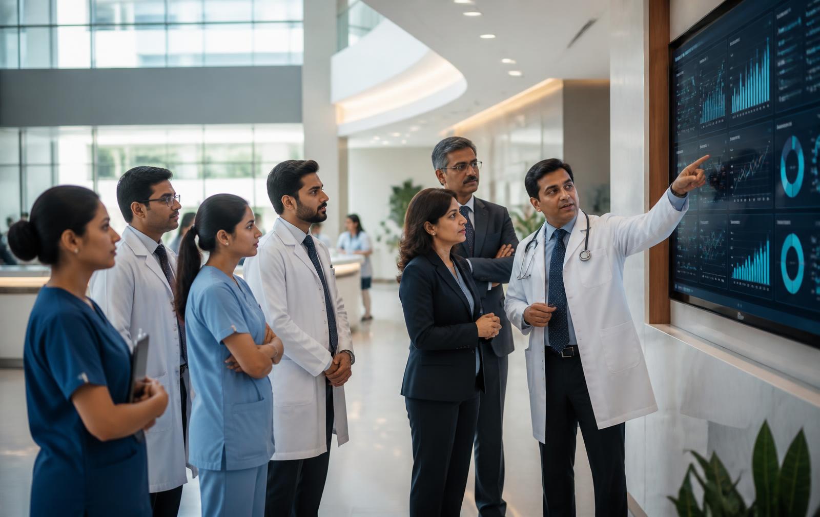 Doctors, nurses and hospital administrators reviewing operational dashboards in a modern hospital